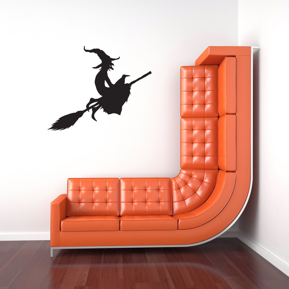 Flying Witch with Crow on Broom - Vinyl Wall Art Decal Sticker
