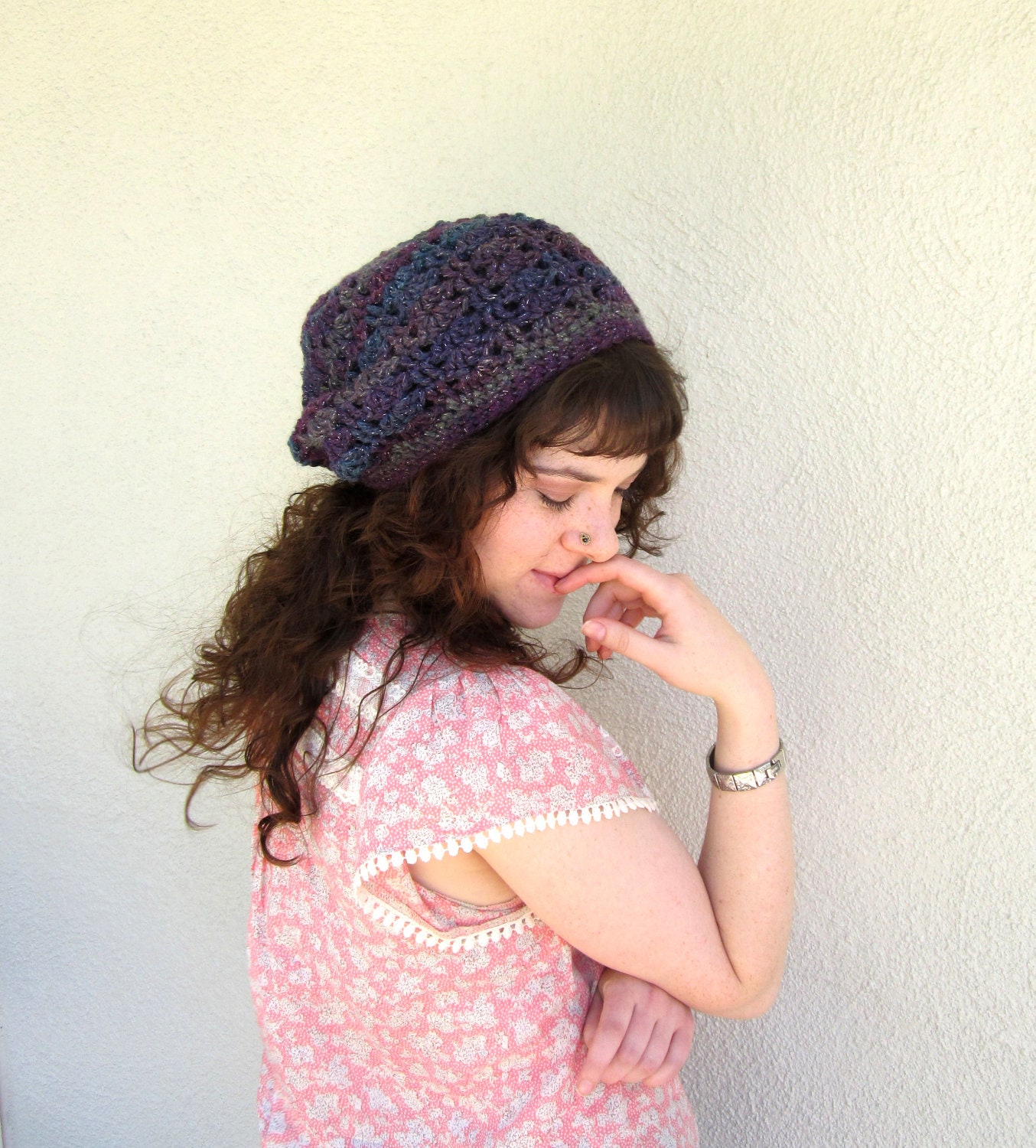 hipster slouchy sparkle crochet hat womans beenie beanie slouch lace purple