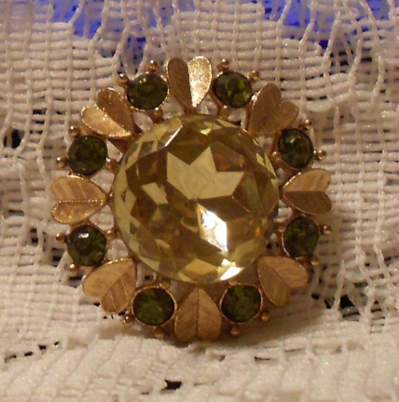 Vintage Green Glass and Rhinestone Brooch Pendant by Avon