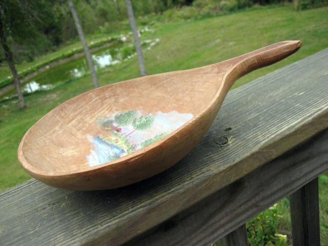 Maine Folk Art Hand Carved Bowl Hand Painted Scene OOAK Teardrop Shape Wood Signed