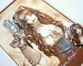 SET  Art Print - Steampunk gunner 4x5 plus pinback badge (30mm)