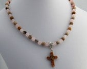 Cross with Rose Pink Quartz & Feldspar Gemstone Necklace - Statement Necklace - Choker - Pendant - January Birthstone - Beadwork