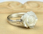 Sterling Silver Filled Ring - Wire Wrapped with White Mother of Pearl Rose - Any Size- Size 4, 5, 6, 7, 8, 9, 10, 11, 12, 13, 14