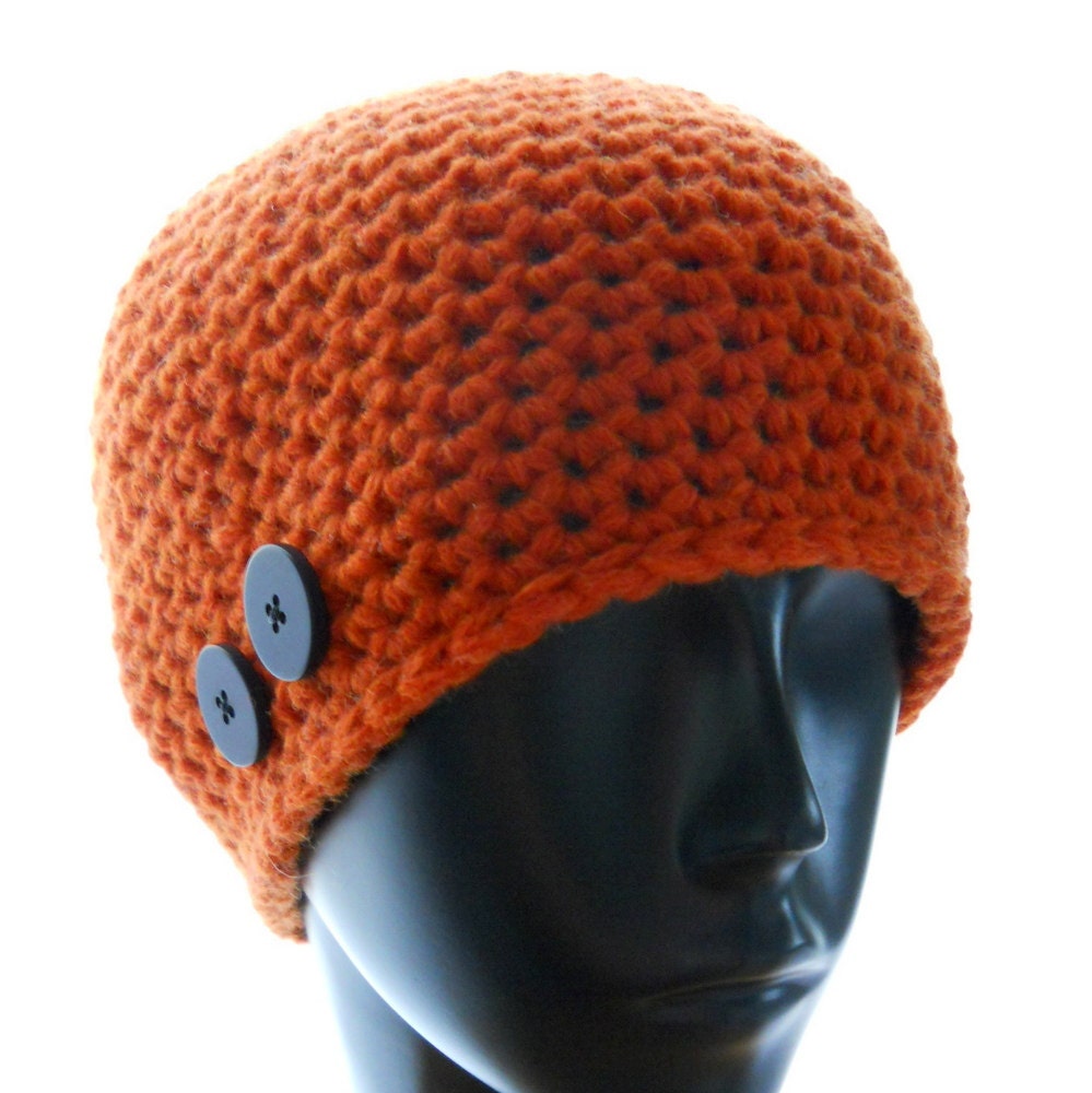 Upcycled wool hat, women's crocheted beanie hat, orange beanie, hat with black buttons, eco fashion, Halloween fashion, made to order