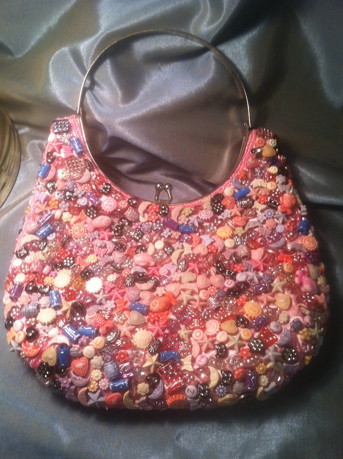 Adorable Vintage Pink Satin Evening Bag or Purse Beaded with Children's Buttons And Pink Glass Beads