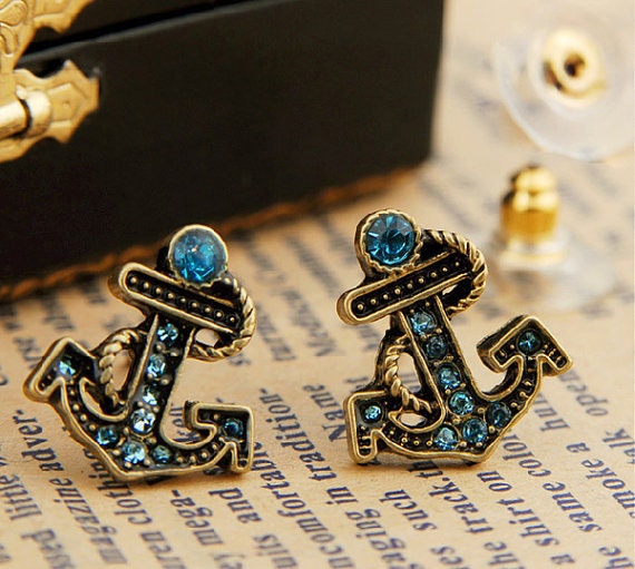 ancient vintage style,anchor earrings with blue crystal ,unique earrings E17