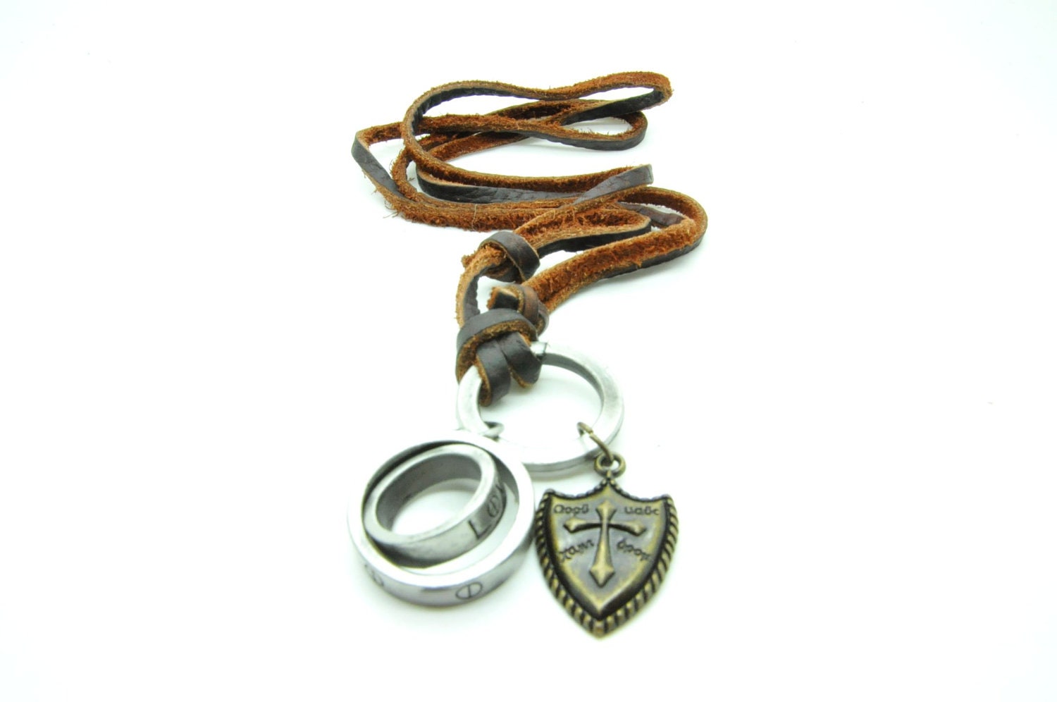 Brown Real Leather and Love Ring Cross alloy pendant adjustable necklace mens necklace  unisex necklace cool necklace B113