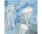 Jellyfish print, Blue Jellyfish, Deep Water Artwork, Ocean Wall Art, Dark Water Jellyfish, Seaside Art, 4 x 4