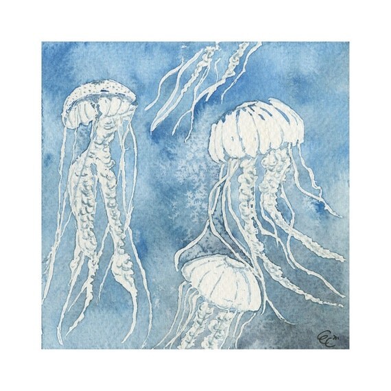Jellyfish print, Blue Jellyfish, Deep Water Artwork, Ocean Wall Art, Dark Water Jellyfish, Seaside Art, 4 x 4