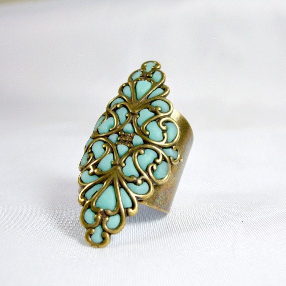 Long ring antique brass jewelry handmade knuckle rings for women unique gifts for her aqua teal gold