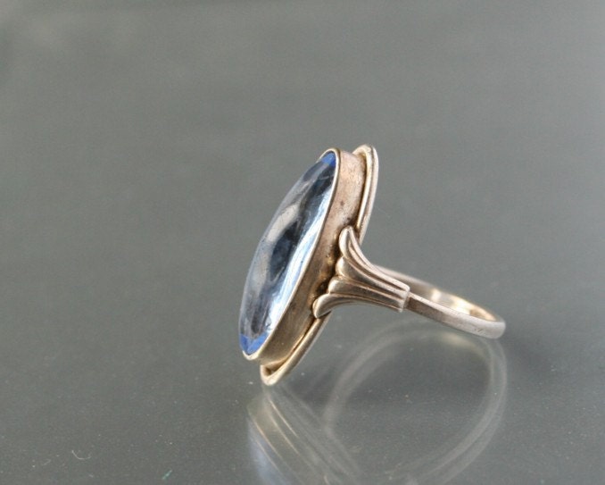 Art Deco Ring Aquamarine Glass Silver 800 size 6 1/2 - 7 - DresdenDollz