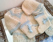 FALL SALE Vintage Baby Clothes - Matching Sweater, Cap and Booties - Cream and Baby Blue - izzysvintagegarden
