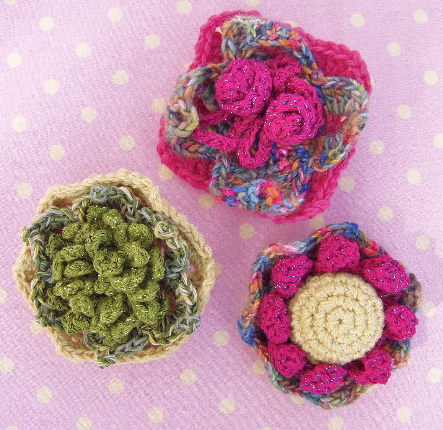 Rosette à Trois. (Crochet Pattern).  Three Crocheted Rosettes from simple motifs.
