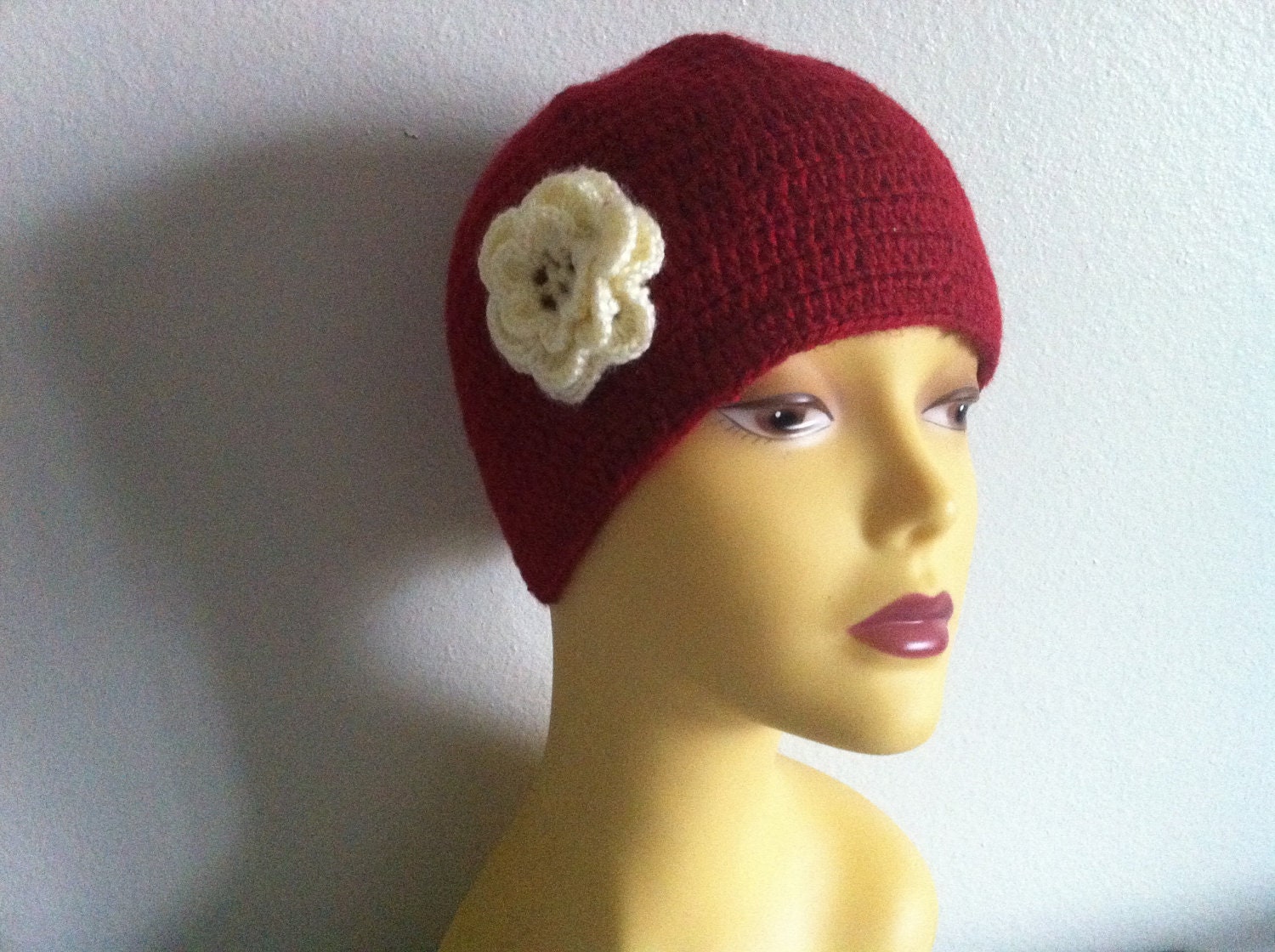 Women Beanie Hat With Flower In Red, Custom Order Another Color, Crochet Red Hat, Usa Seller