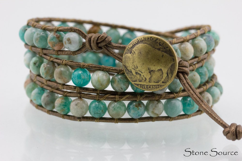 Leather Wrap  Bracelet -  Light Russian Amazonite - Chan Luu Style