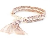 Romantic Tassel Bracelet, Crochet Bracelet, Rose Smoke Mauve and Silver Plated Chain