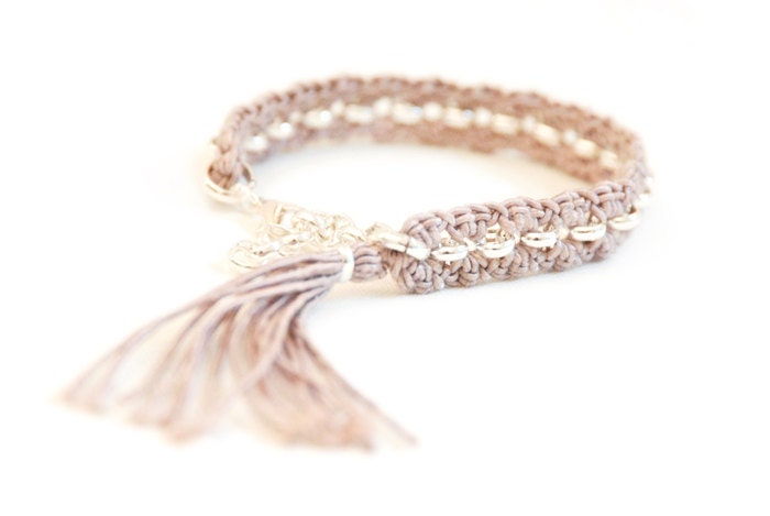 bracelet rose smoke silk yarn silver tone rolo chain crochet