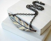 Wooden Feather Pendant Necklace Pale Grey and Yellow
