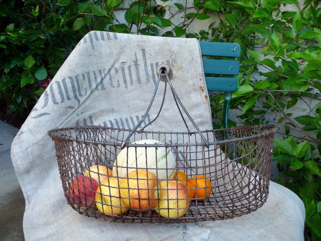 Vintage Wire Basket Wood Handle 40s// Rustic Farm Cottage French Handmade - OneFairfaxRoad
