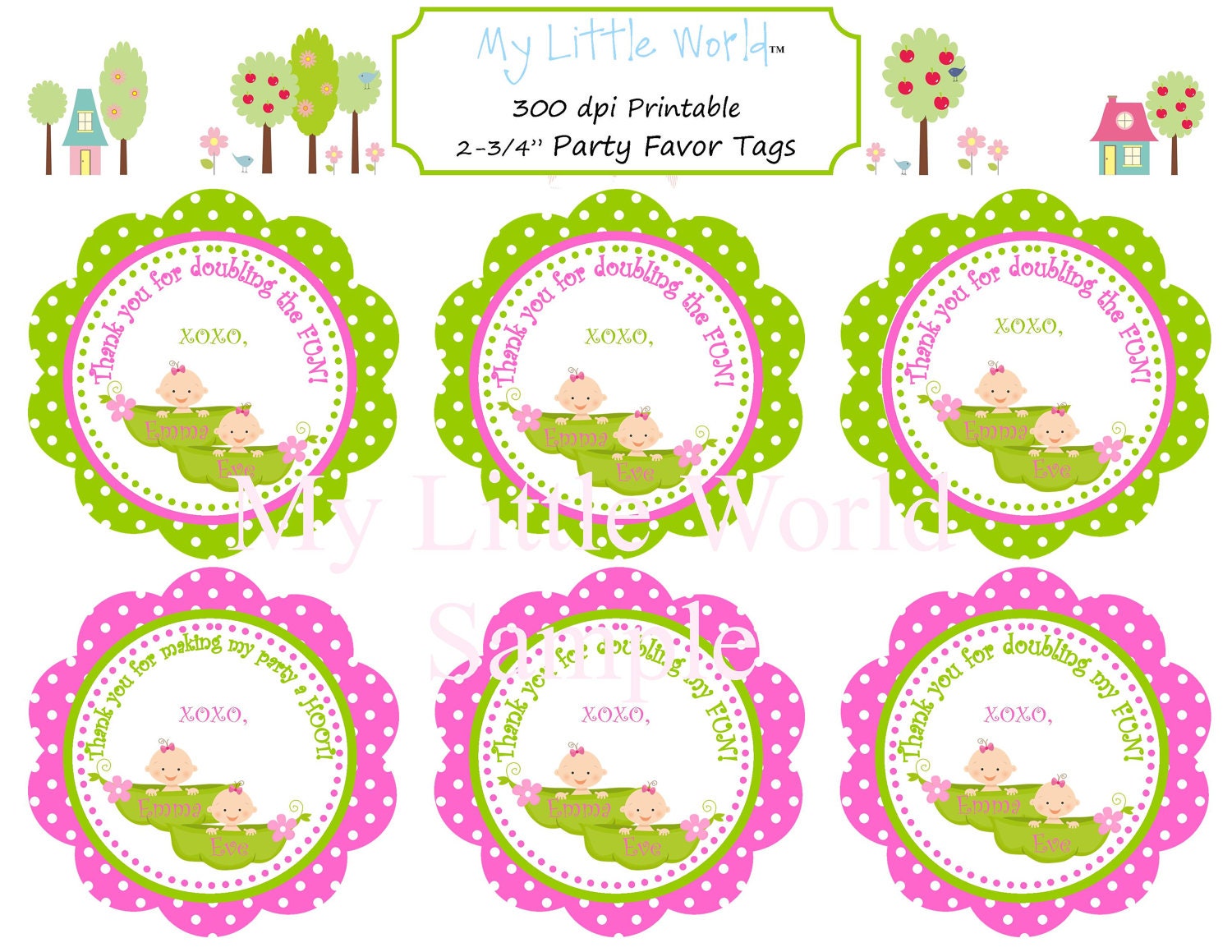 Twin party favor tags with 12 clear bags Il_570xn