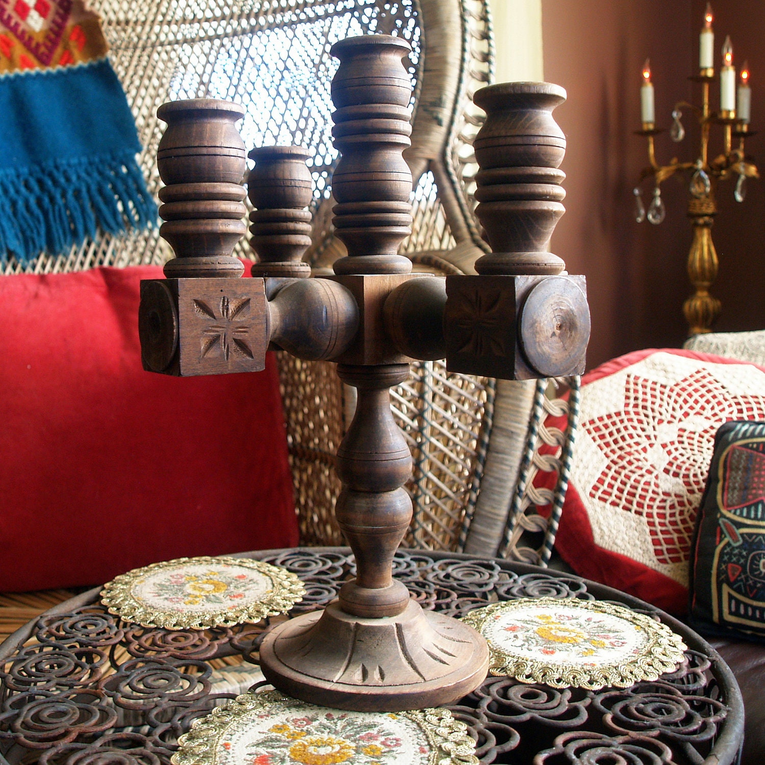VINTAGE HANDCARVED WOOD Candelabra Wooden Centerpiece Made in Mexico Primitive Folk Art Candle Holder Modern Bohemian Gypsy Home Decor