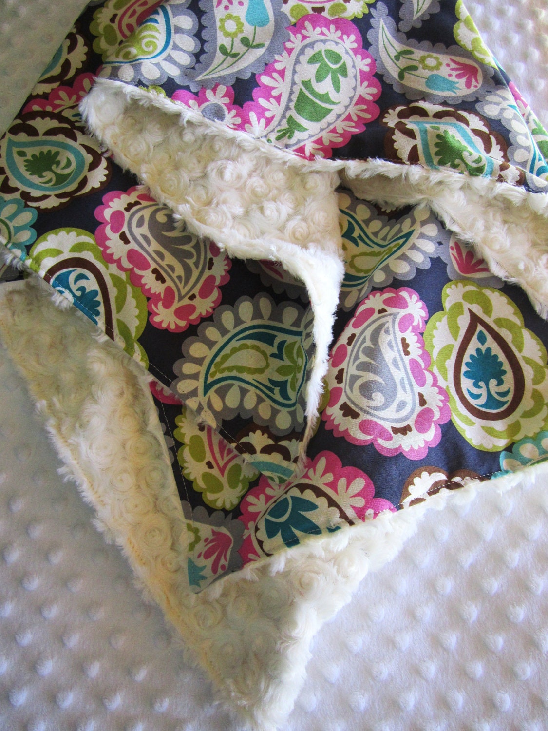 Baby Girl Pink Paisley CRIB SIZE Blanket 53" x 44" in Roco Beat Paisley Fuschia, Aqua, Teal, Gray, Lime Green with Ivory Rosette Minky