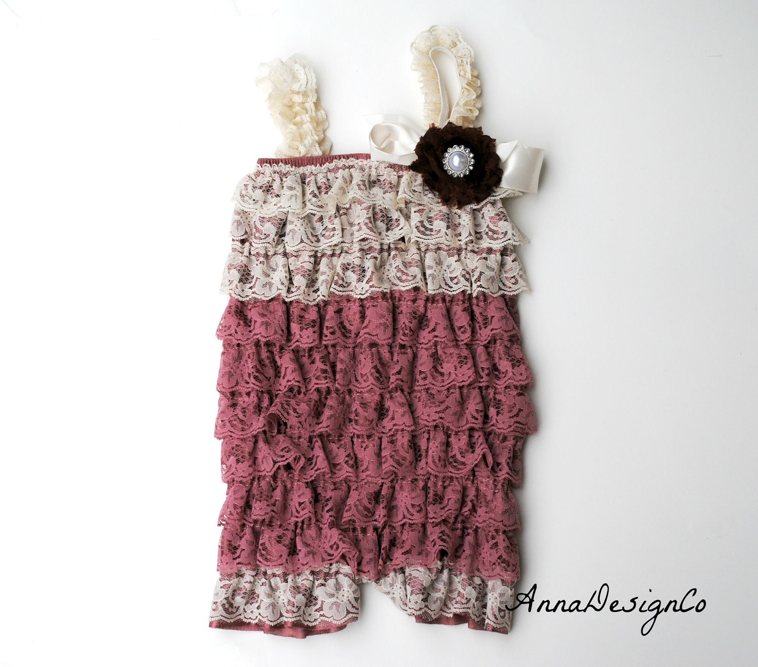 Dust Pink and Ivory  Lace Newborn Baby,Toddler, Girl Petti Romper Photo Prop