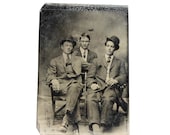 Antique Tintype of 3 Handsome Men with Cigars, Rare Photograph of Casual Friendly Trio