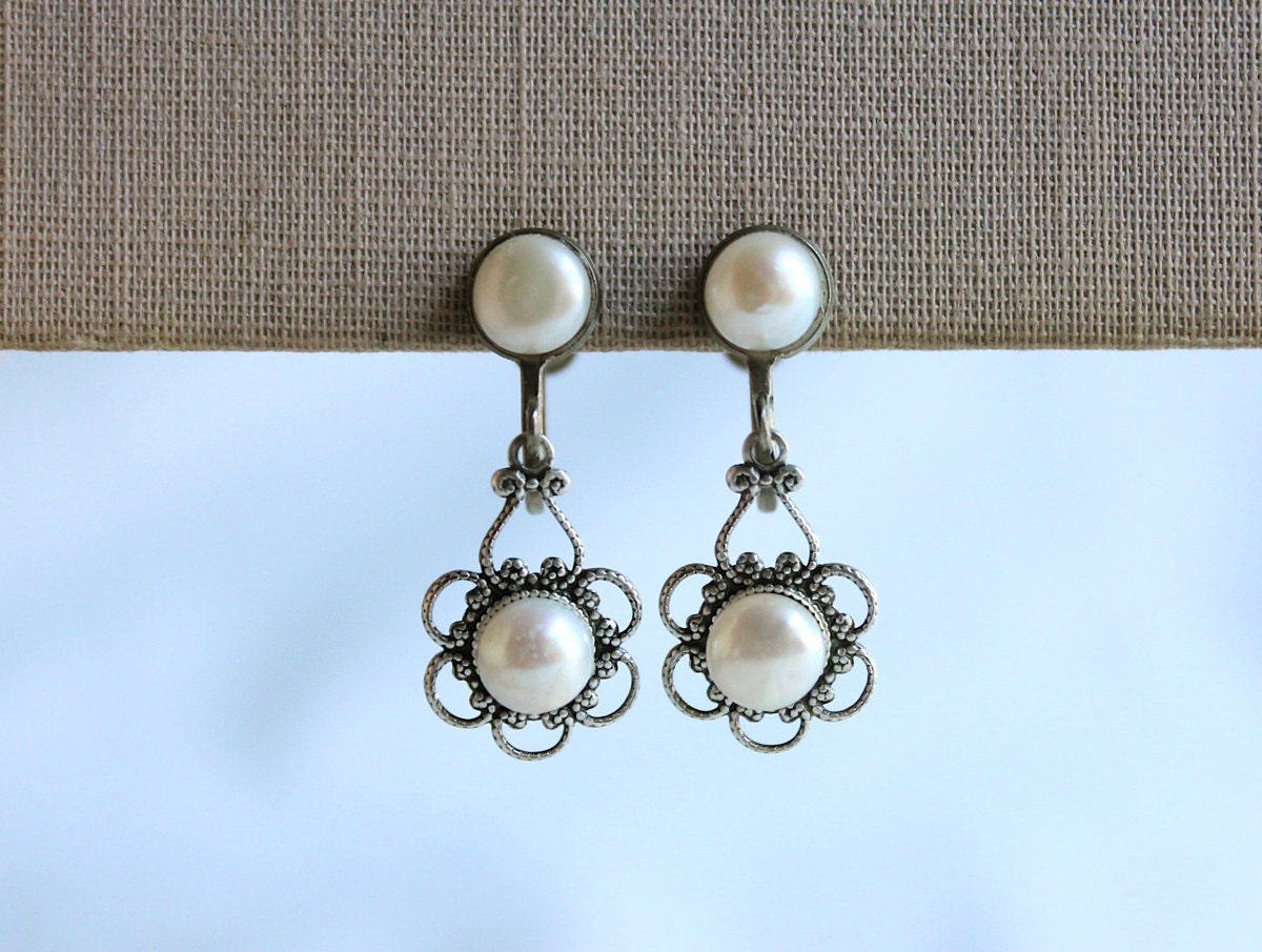 Pearl and Antique Silver Earrings