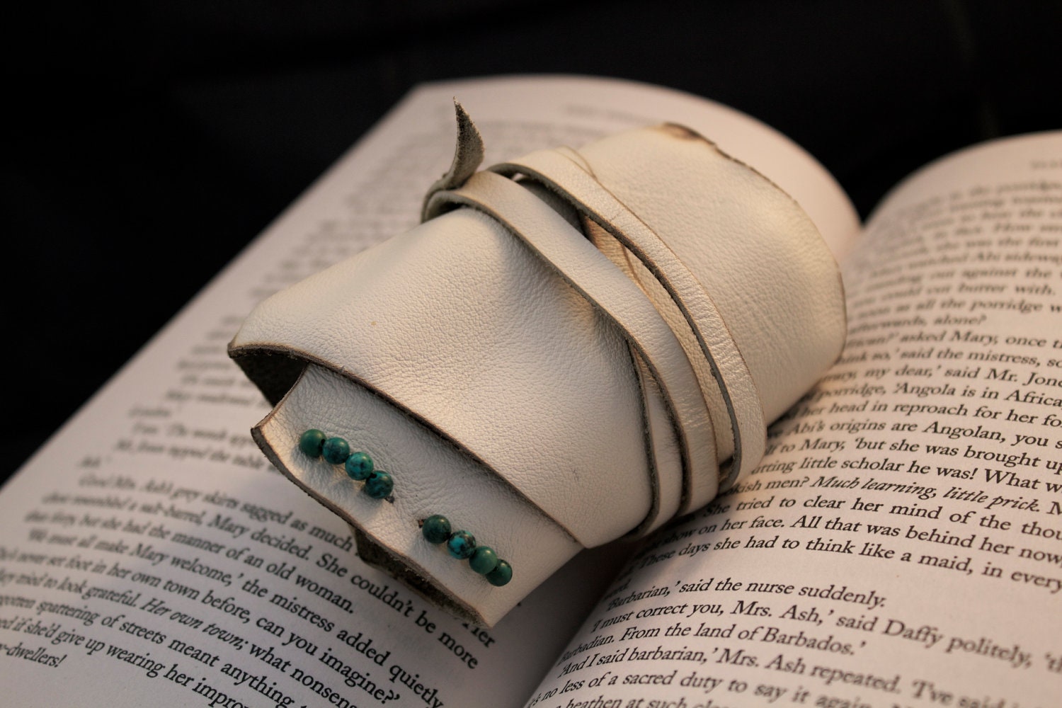 Leather Cuff Wrap Bracelet and Turquoise Moonstone Semi Precious Stone Bracelet - Hippie Style