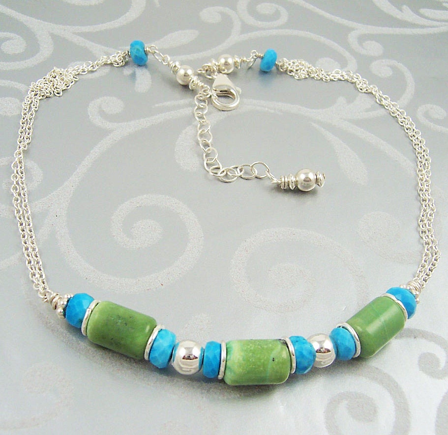 Turquoise Necklace Sleeping Beauty Turquoise Chrysoprase Sterling Silver Blue Green Natural Stone Artisan Handmade Jewelry By SS