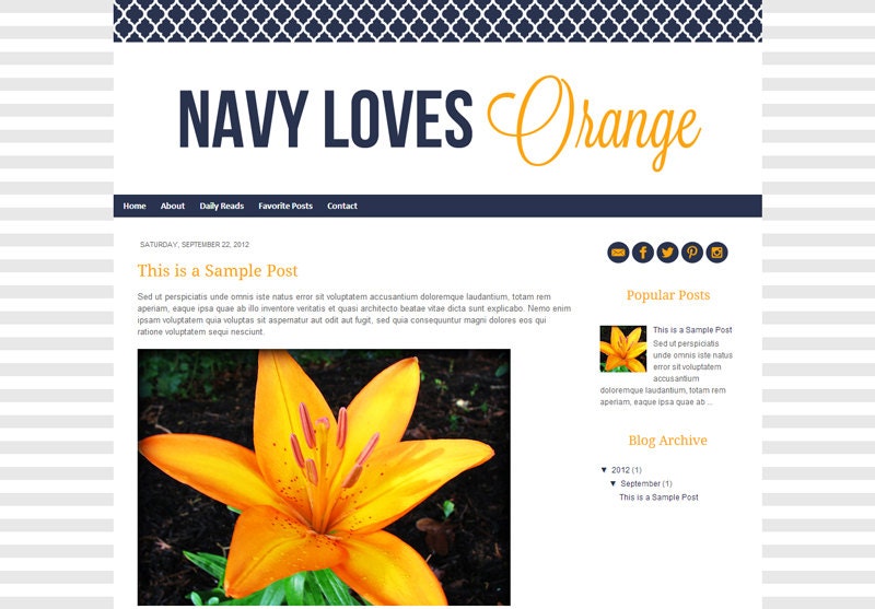 Premade Blogger Template: Navy Loves Orange (Instant Download)