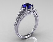 Classic French 14K White Gold 1.0 Carat Blue Sapphire Diamond Lace Ring R175-14WGDBS