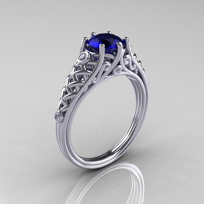 Classic French 14K White Gold 1.0 Carat Blue Sapphire Diamond Lace Ring R175-14WGDBS