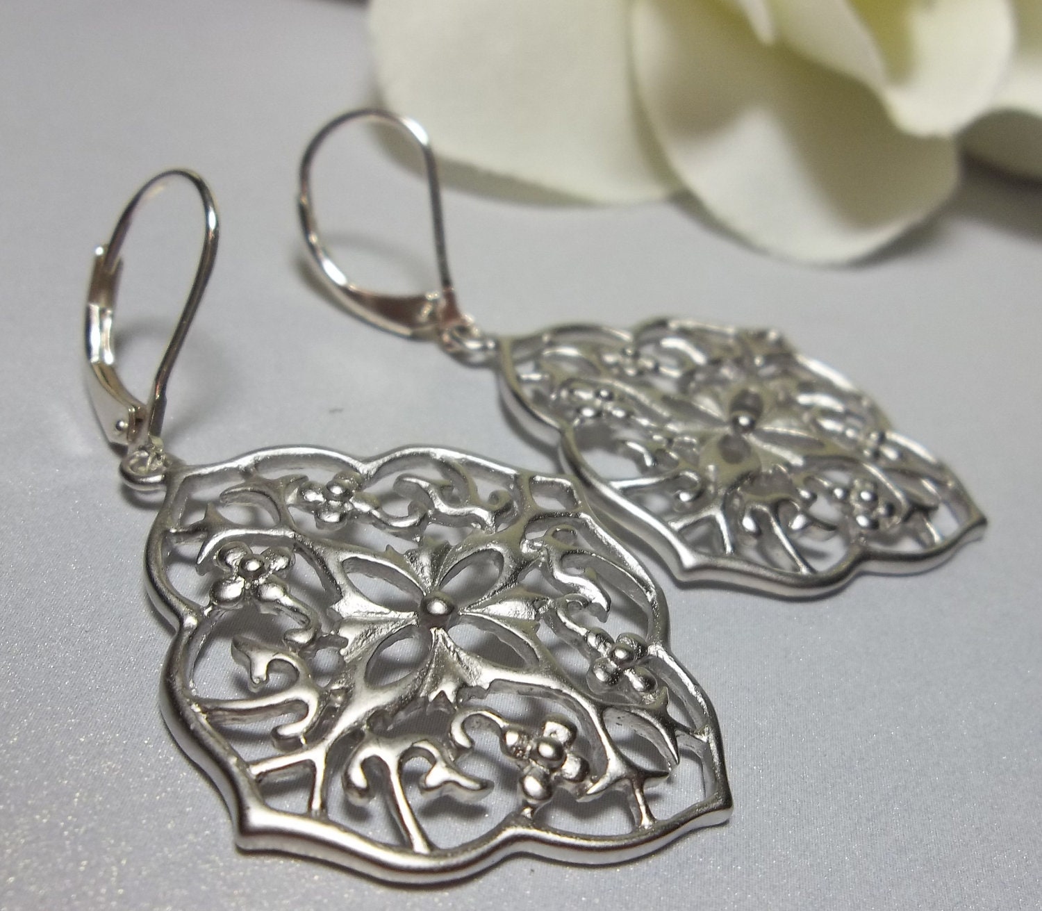 Large silver earrings - Sterling Silver - leverback ear wires - Filigrees - gift -