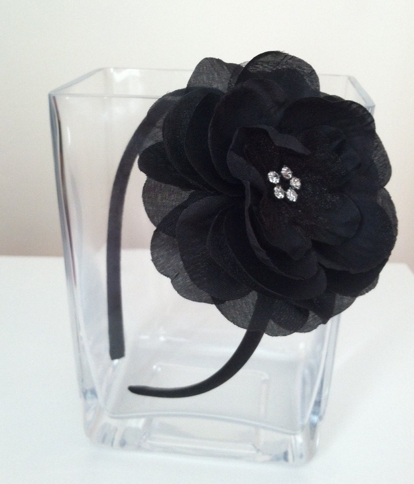Black Satin Flower with Rhinestones attached to Black Satin Headband