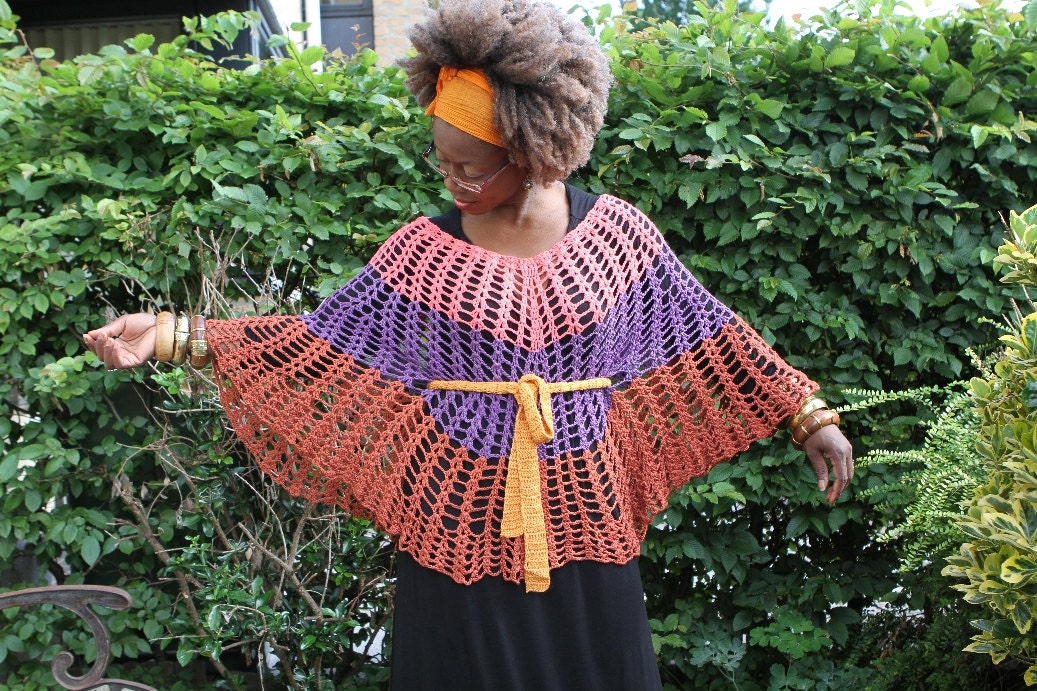 Crochet Poncho / lacey top tri-color (if worn with the belt).Vintage look Colours are pink, purple n rust. 100% bamboo yarn: Roots.