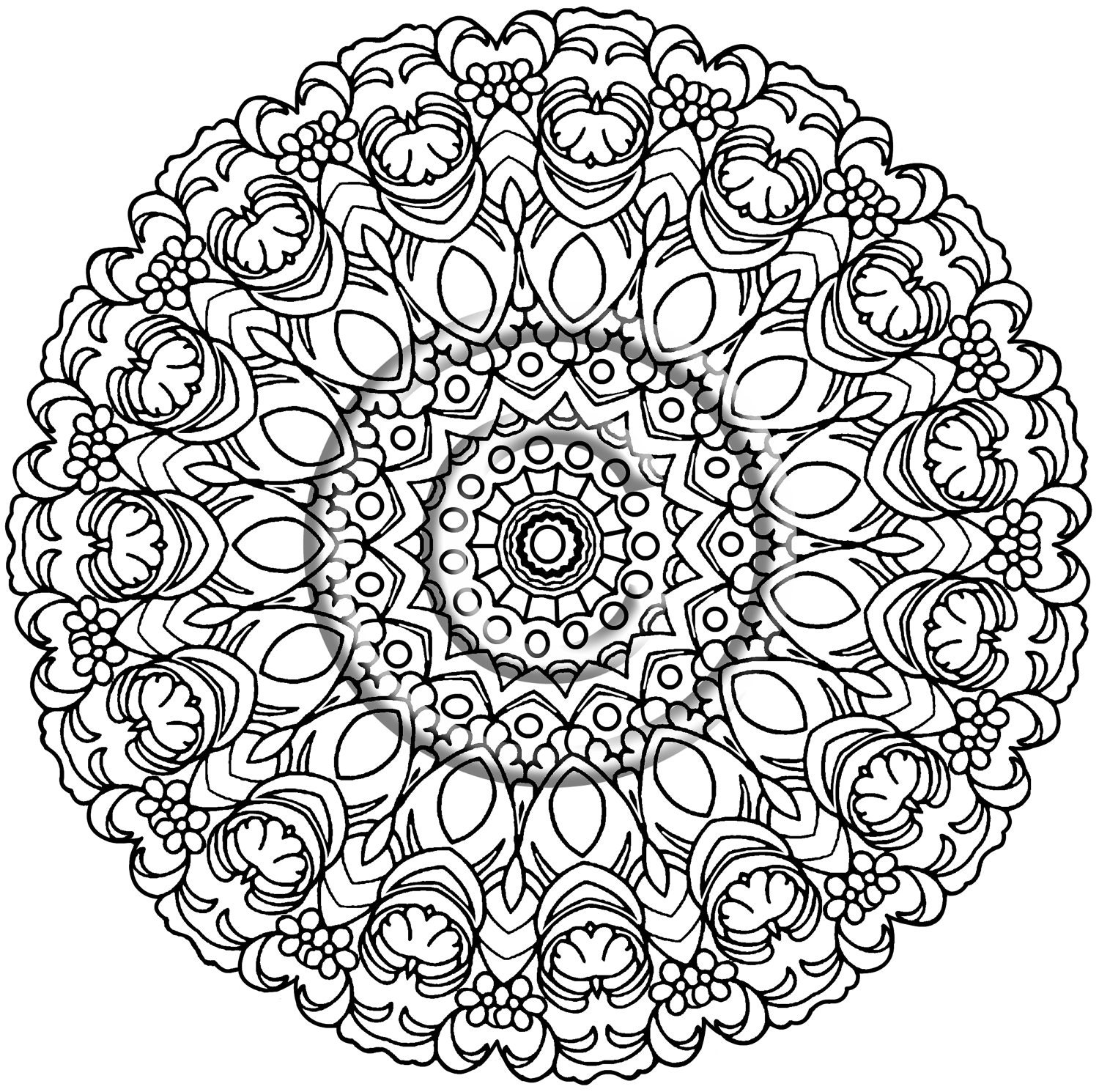 Instant PNG Download Coloring Page Hand Drawn Zentangle Inspired "With Flowers" Hippie Abstract Zendoodle Mandala By Kat