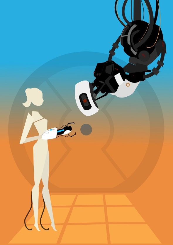 Portal illustration retro print A3 poster Portal GLaDOS and Chell