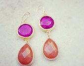 summer fashion long  DUAL  forest  violet purple jade stone orange blue drop earrings textured matte golden frame gemstone earrings Israel