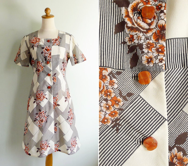 Vintage 60's Orange Rose Cream Dolly Dress S or M