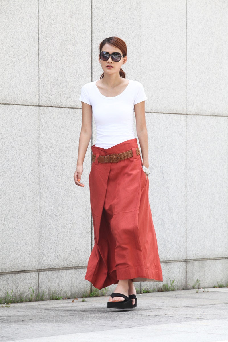 Graceful Deep Orange Adjustable Waist Long Maxi Skirt - NC406