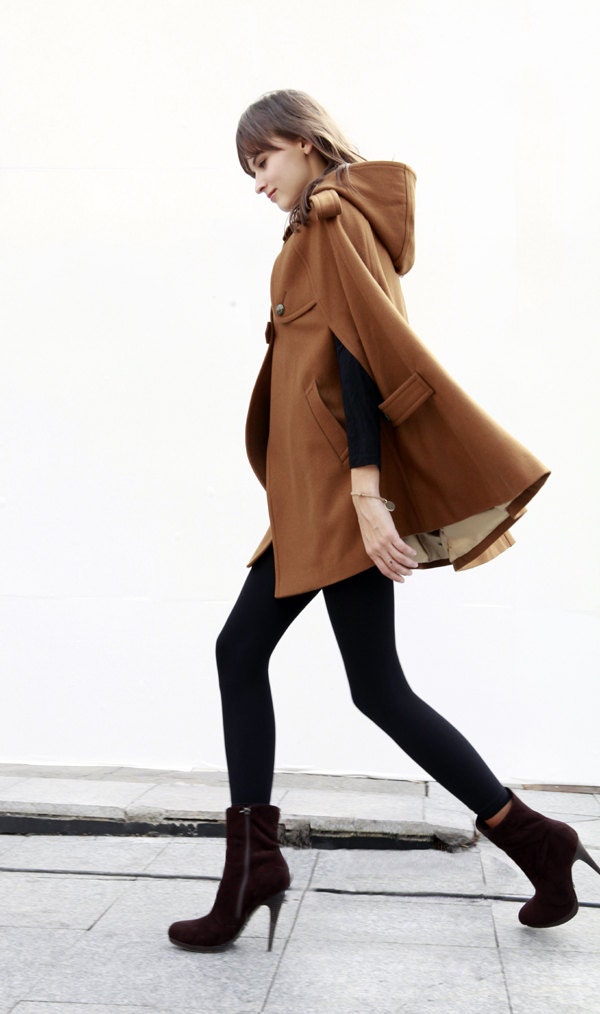 Cape Coat Double Breasted Cape Hooded Wool Winter Cape Coat Hood Wool Cloak Hoodie Cashmere Cape Jacket in dark camel for Women - NC430
