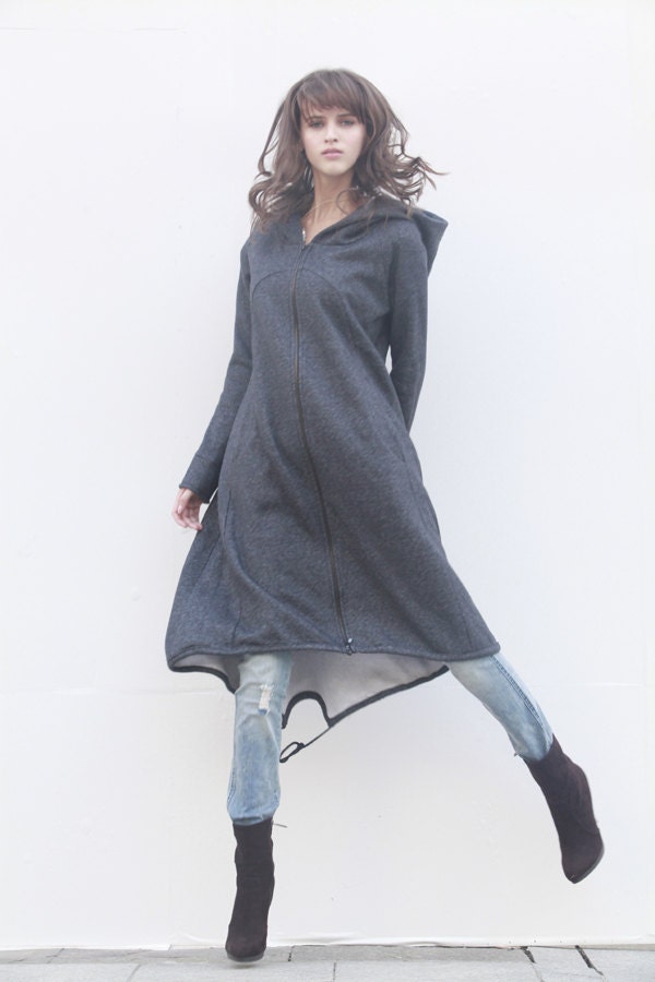 Dark Grey Hoodie Sweatshirt Cotton Fleece Hoodie Top with Big Hood for Autumn and Spring - Custom made - NC440