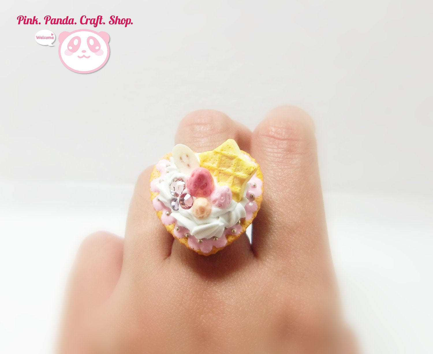 Polymer clay heart shape creamy strawberry tart adjustable ring