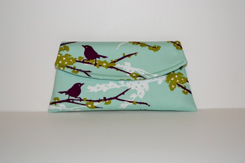 Aqua, Plum and Sage Green Clutch - Aqua and Plum Bird Clutch - Classic Angled Clutch