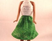 Handmade Barbie Strapless Short Green Skirt & White Crocheted Top