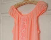 70s Nightgown - Neon Peach - Long Lace  - 36 Medium