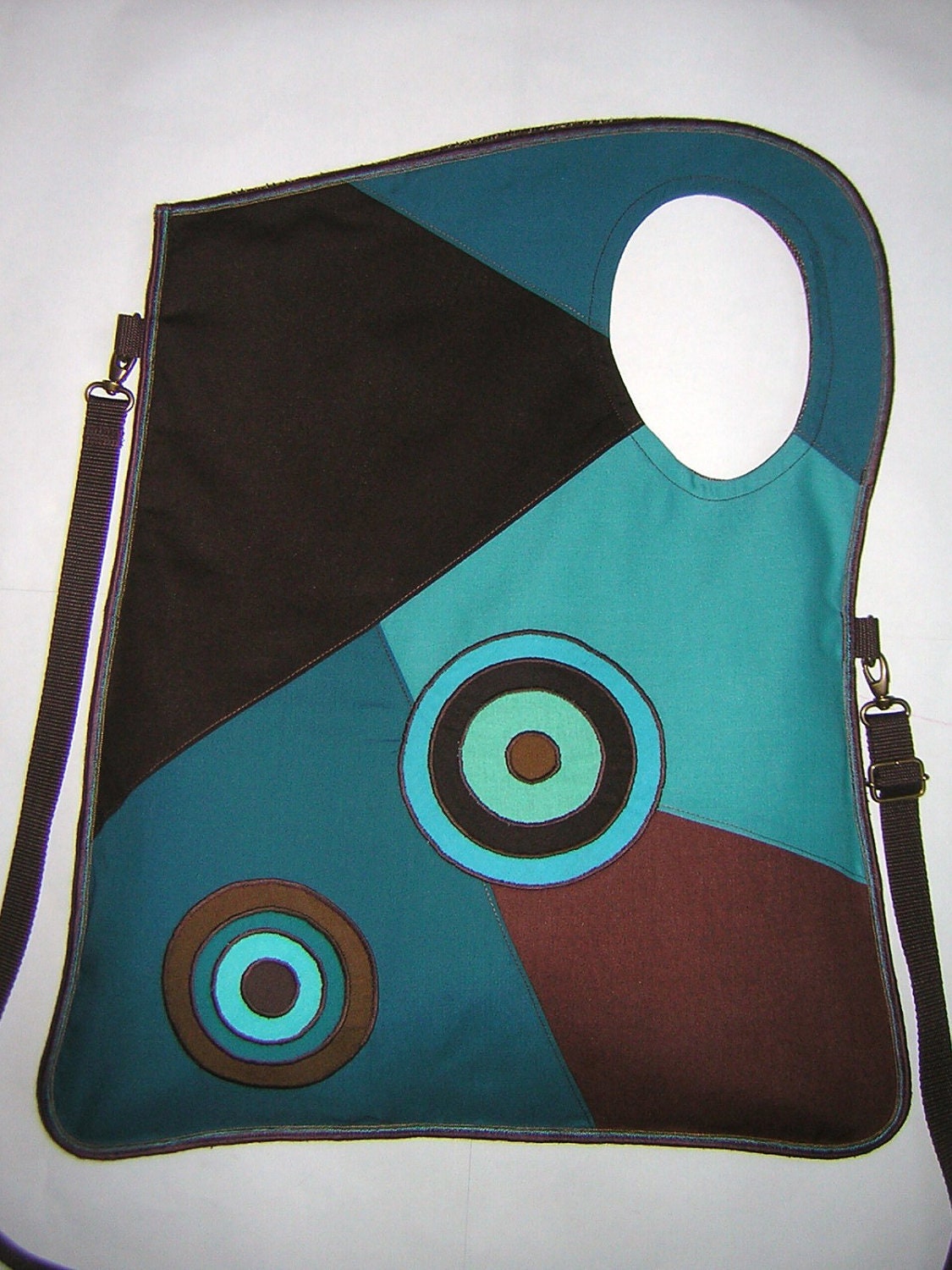 Large Canvas Bag  Haversack Sling pack tote - Funny Diaper Bag - cross body mixed fabric Brown-Turquoise with Circles