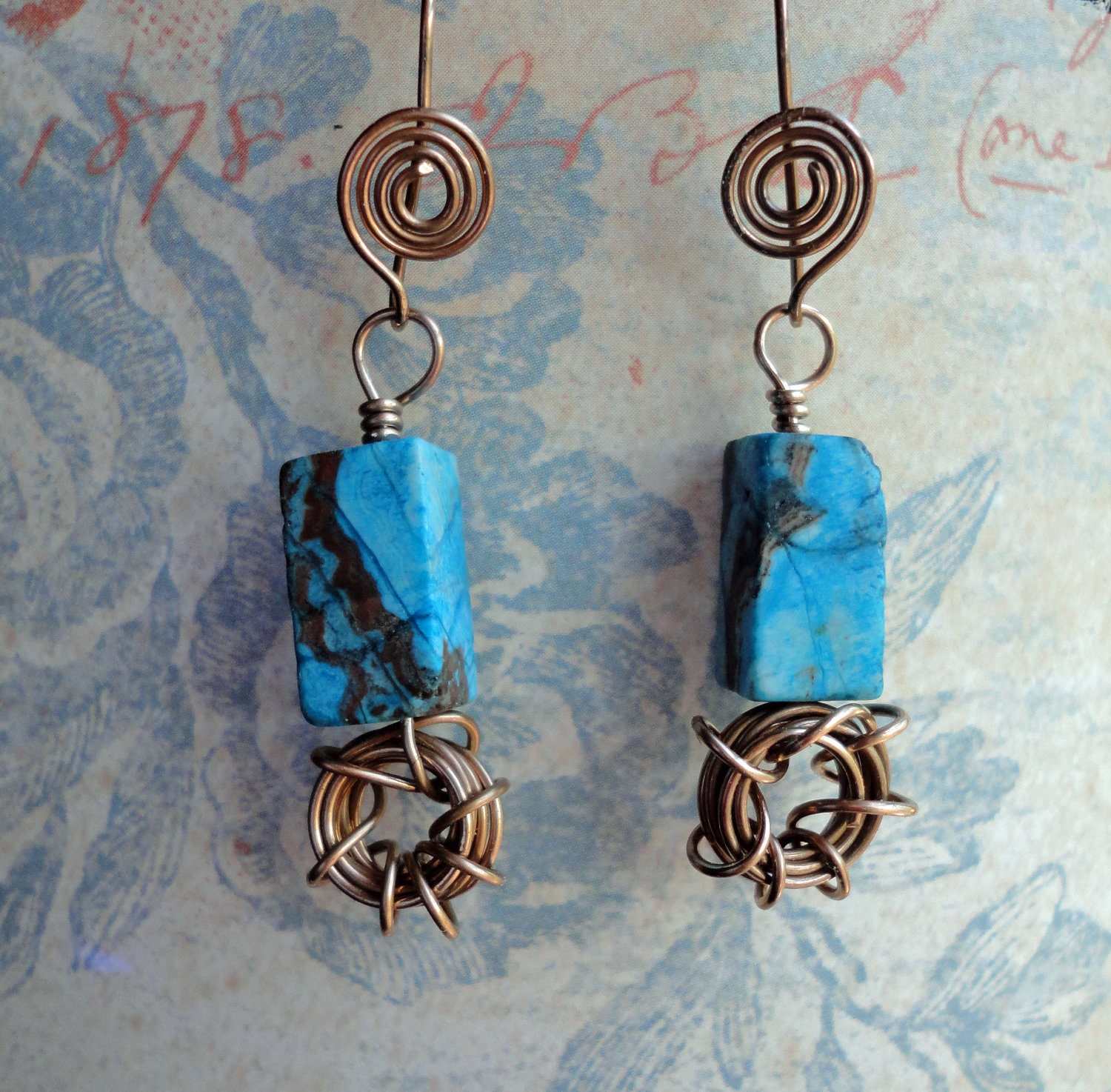 Wire Wrapped Turquoise Bronze Earrings